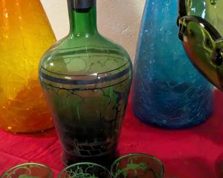 Vintage Emerald Green Glass Decanter and Cordial Set with Etched Cityscape Motif