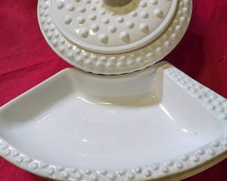 USA Pottery White Hobnail Covered Dish and Relish Tray