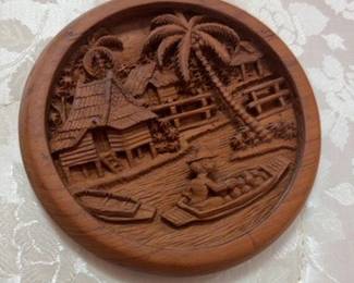 Vintage Hand-Carved Teak Wood Plaque - Balinese River Scene
