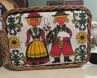 Vintage Woven Wicker Sewing Basket with German Folk Art Couple Fabric