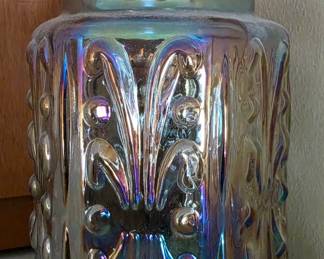 L.E. Smith Atterbury Scroll Carnival Glass Canister Jar