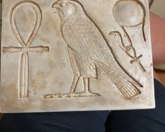 Egyptian Revival Style Falcon Relief Plaque with Ankh and Solar Disc