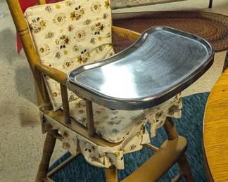 Vintage Wooden High Chair with Metal Tray