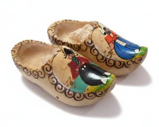 Vintage Hand-Painted Dutch Wooden Clogs with Windmill Motif