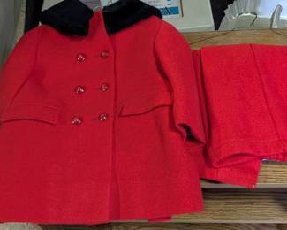 Vintage Red Wool Suit Set with Faux Fur Collar