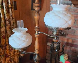 Vintage Dual-Arm Hurricane Floor Lamp with Quilted Milk Glass Shades