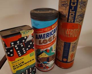 vintage kids toys, American logs, dominoes, Tinkertoy