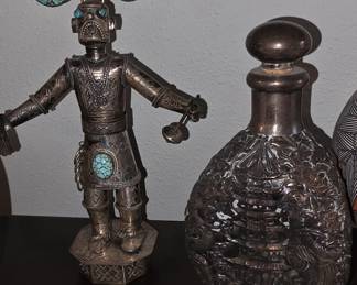 Sterling Silver Overlay Decanter  -  Navajo-made Kachina doll sterling Silver adorned with natural turquoise stones.