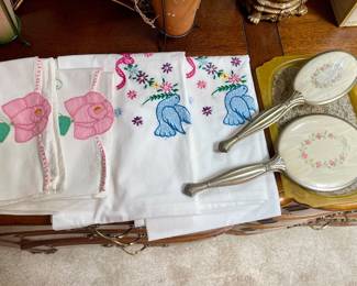 Embroidered pillow cases and vanity set