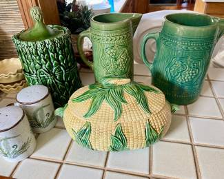 Corn tureen, McCoy pitchers, and asparagus jar