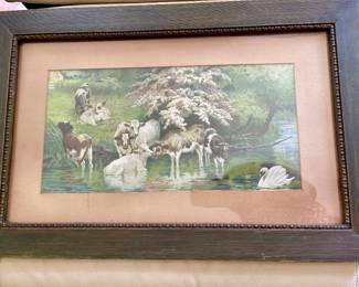 Beautiful cows at the river print in a very primitive frame