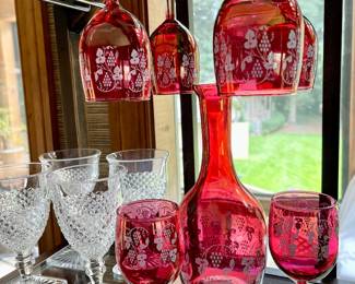 Cranberry glass decanter set
