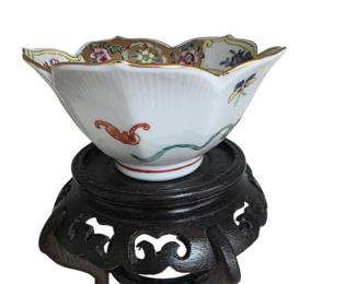 (A5) ISCO Famille Rose Lotus Bowl on Wood Stand (decorated in Hong Kong)  ·  c. 1950s–70s - $50 OBO