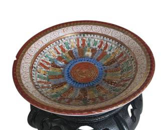 (A4) Kutani "Thousand Faces" Bowl on Wood Stand = 1920s - 1950s - ($60 OBO)