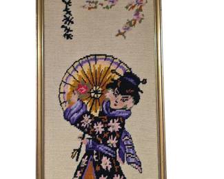 (A12) - Framed Vintage Geisha Needlepoint, $70 OBO