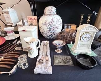 Asian Ginger Jar - Belleek Clock - Brass Beehive Candlesticks - Art Deco Tea Cannister