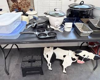 Kitchen Items Including Crock Pot & Rice Cooker - Wooden Cow - Step Stool