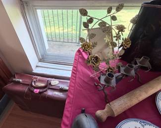 Leather Suitcase - Table Mirror w/ Metal Flowers - Long French Rolling Pin - Swedish Art Glass & Iron Candle Holder