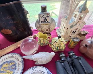 Jim Beam 100th Anniversary Bottle - Quimper Cream & Sugar - Carved Wood Dove - Binoculars