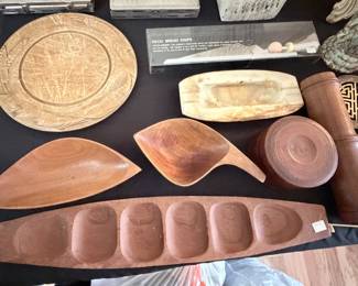 Mid Century Modern Teak Trays - Round Treen Box - Carved Wood Bread Cutting Board - Memphis Style Knife (New In Box)