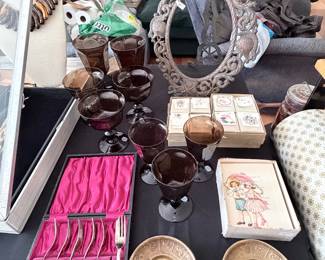 English Silver Plate Fish Forks - Lenox Crystal Glassware - Antique Iron Photo Frame - Brass Astrological Trays - NOS Gift Cards & Invitations