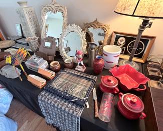 Sirocco Mirrors - Le Creuset Covered Bowls - Folk Art Wood Comb Holder - African Beaded Lion Figure - Givenchy Scarf - Emile Henry Casserole