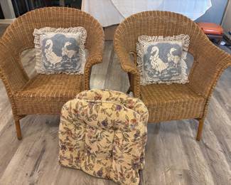 Wicker chairs w cushions and “granny” goose pillows 