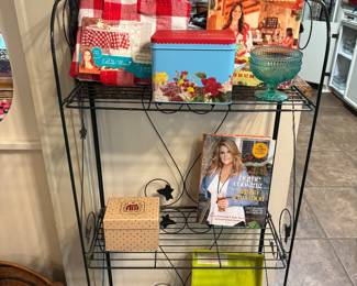 Pioneer Woman items, small bakers rack and Trisha Yearwood cookbook