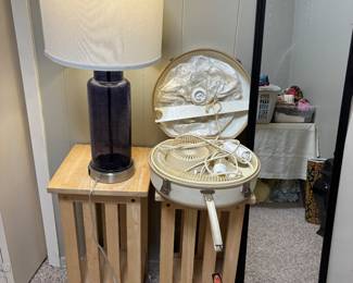 Vintage hair dryer, 2 small stands, lamp and mirror 