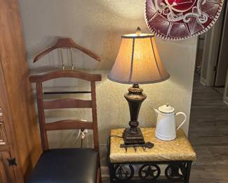 Tailor chair, mirror, sombrero and cowboy padded bench 