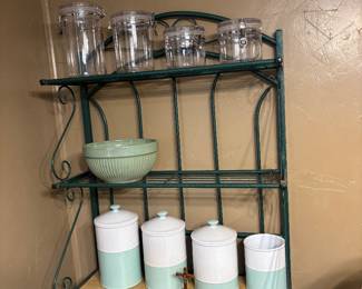 Bakers rack and Martha Stewart canister set 