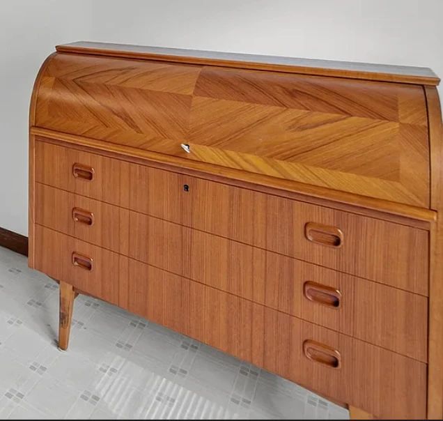 Mid Century Modern Teak Roll Top Cylinder Secretary Desk