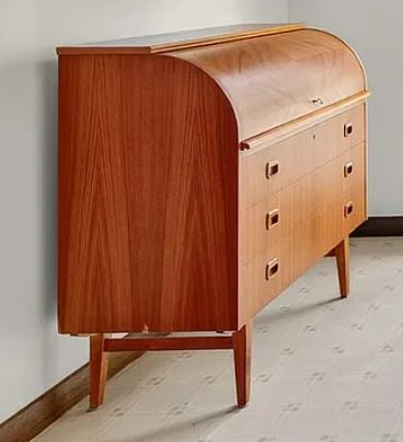 Mid Century Modern Teak Roll Top Cylinder Secretary Desk (photo#2)