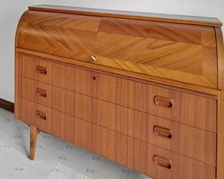 Mid Century Modern Teak Roll Top Cylinder Secretary Desk
