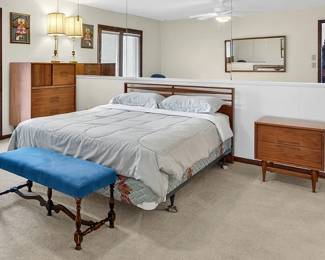 King bed, mattress and box in excellent condition, mid century headboard, dresser and nightstand