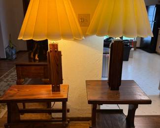 Wooden end tables & lamps with scalloped shades