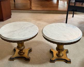 1950' neoclassical style side tables with marble tops and giltwood bases