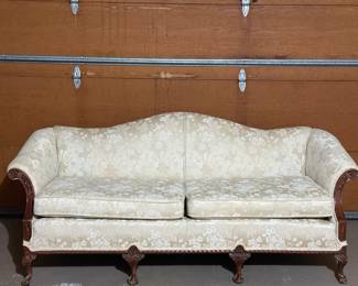 Vintage Chippendale-style camelback sofa, ball and claw feet, demask/brocade fabric