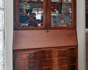 Vintage Mahogany Secretary Desk Bookcase w Curved Front, includes 2 keys