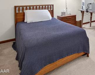 1 of 2 twin beds available; mattress, box, and mid-century headboard, nightstand