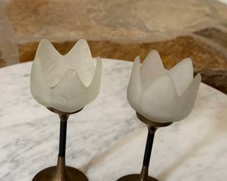 Mid Century brass and frosted glass tulip candle holders