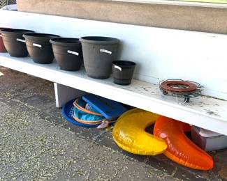 10' wooden bench, plastic pots, pool toys
