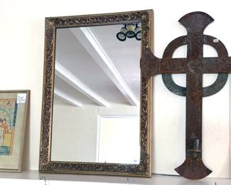 Framed mirror, metal cross