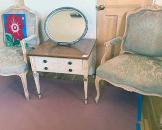 French Provincial-style armchairs + side table