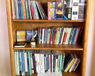 Wooden bookcase, kids books, puzzles