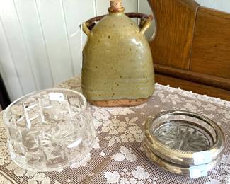 Handmade ceramic bottle, cut crystal bowls, coasters