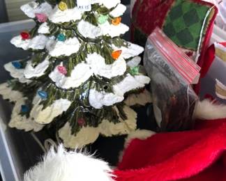 Holiday: ornaments, table decor, ceramic tree, Santa hats, linens