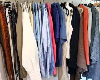 Women’s clothing (M/L), shoes size 9: NWT Banana Republic capelet jacket, down jacket, suit jackets, button-down shirts, leisure, Neiman Marcus silk robe, denim