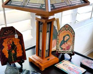 Mission-style stained glass lamp; religious iconography