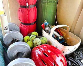 Hand weights, camping pads, tennis balls, bike helmet